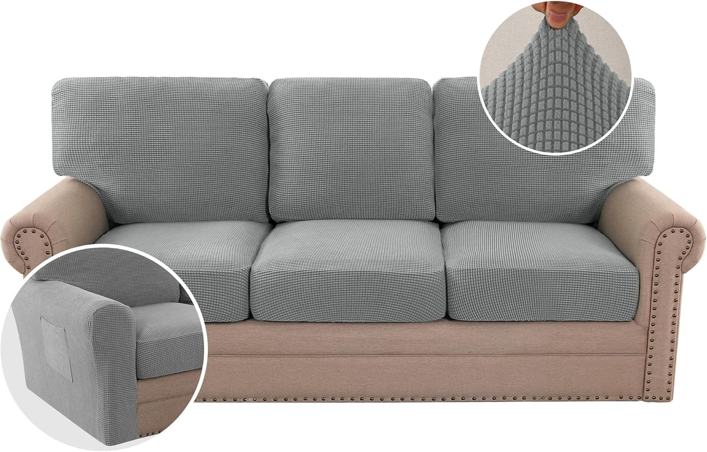 H.VERSAILTEX Multi-Pieces Sofa Covers Stretch Couch Covers Form Fitted Seats and Back Cushions Covers (3 Seat Covers Plus 3 Back Cusion Covers, Bonus 2 Armrest Covers), Grey