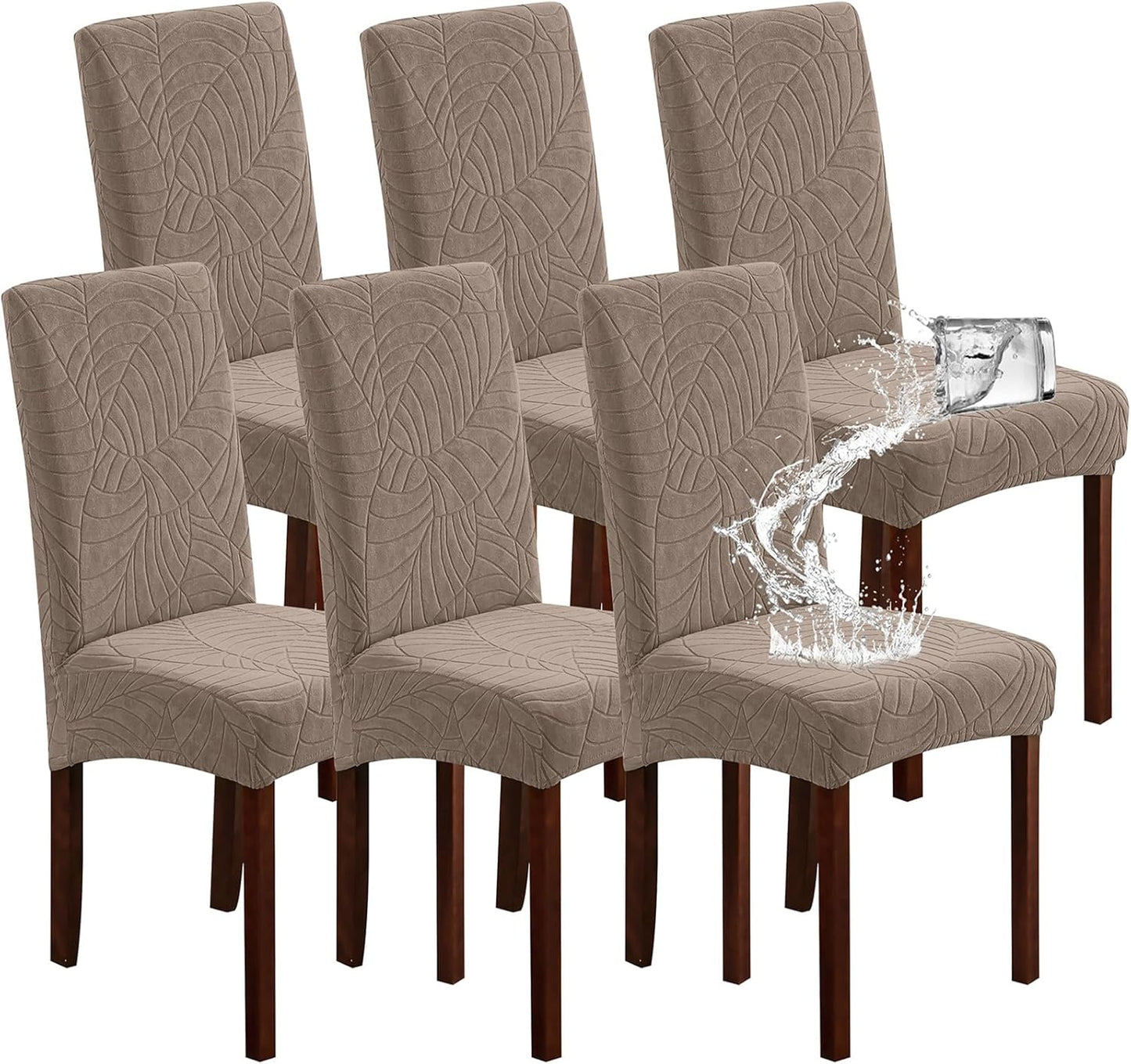 Genina Waterproof Chair Covers for Dining Room 6 Pack, Stretch Jacquard Dining Chair Cover Removable Washable Chair Protectors Cover for Kitchen, Home (Leaves-Warm Gray, 6 PCS)