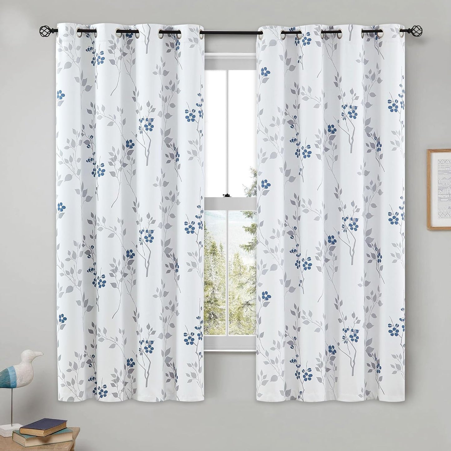 Beauoop Floral 100% Blackout Curtains 84 Inches Long 2 Panels for Bedroom Living Room Grey White Flower Patterned Room Darkening Thermal Insulated Soundproof Grommet Window Treatments Drapes, 52X84