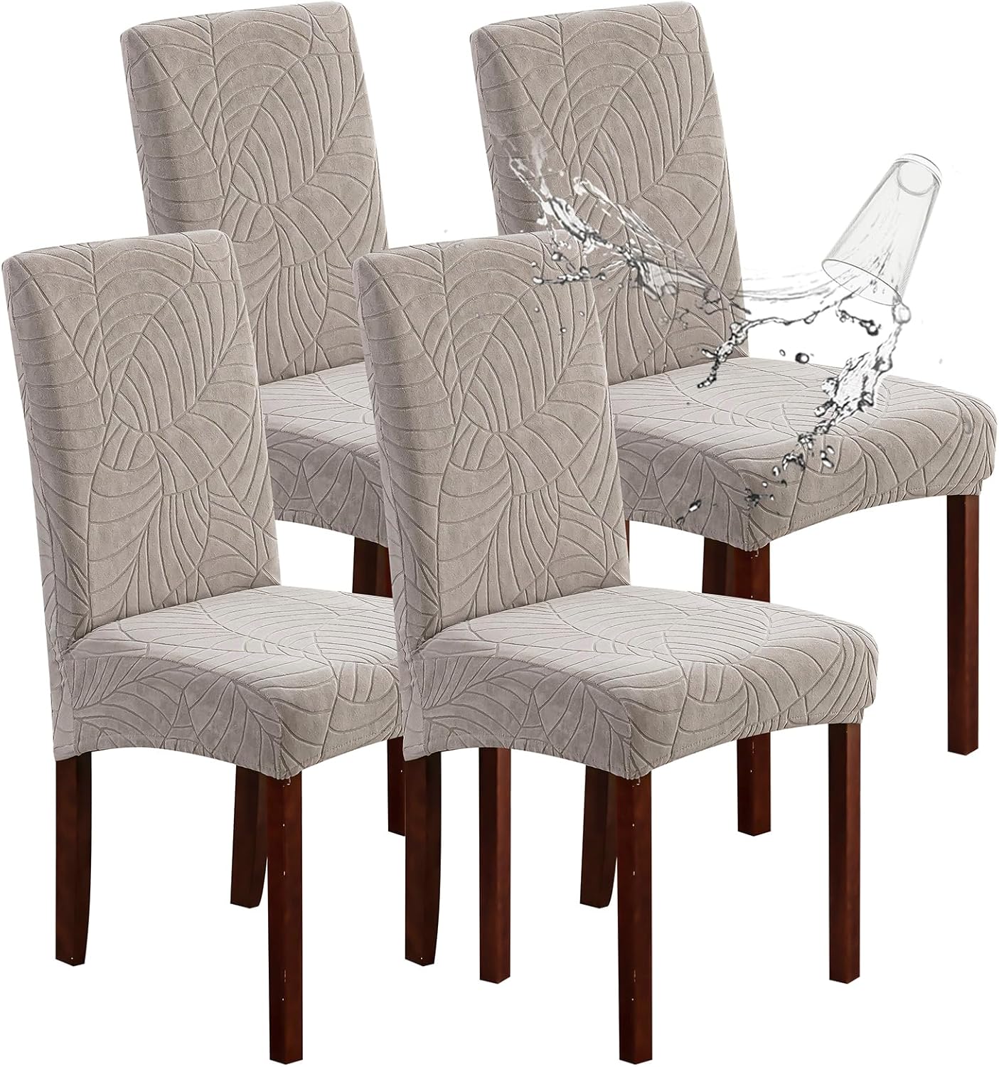 Genina Waterproof Chair Covers for Dining Room 6 Pack, Stretch Jacquard Dining Chair Cover Removable Washable Chair Protectors Cover for Kitchen, Home (Leaves-Warm Gray, 6 PCS)