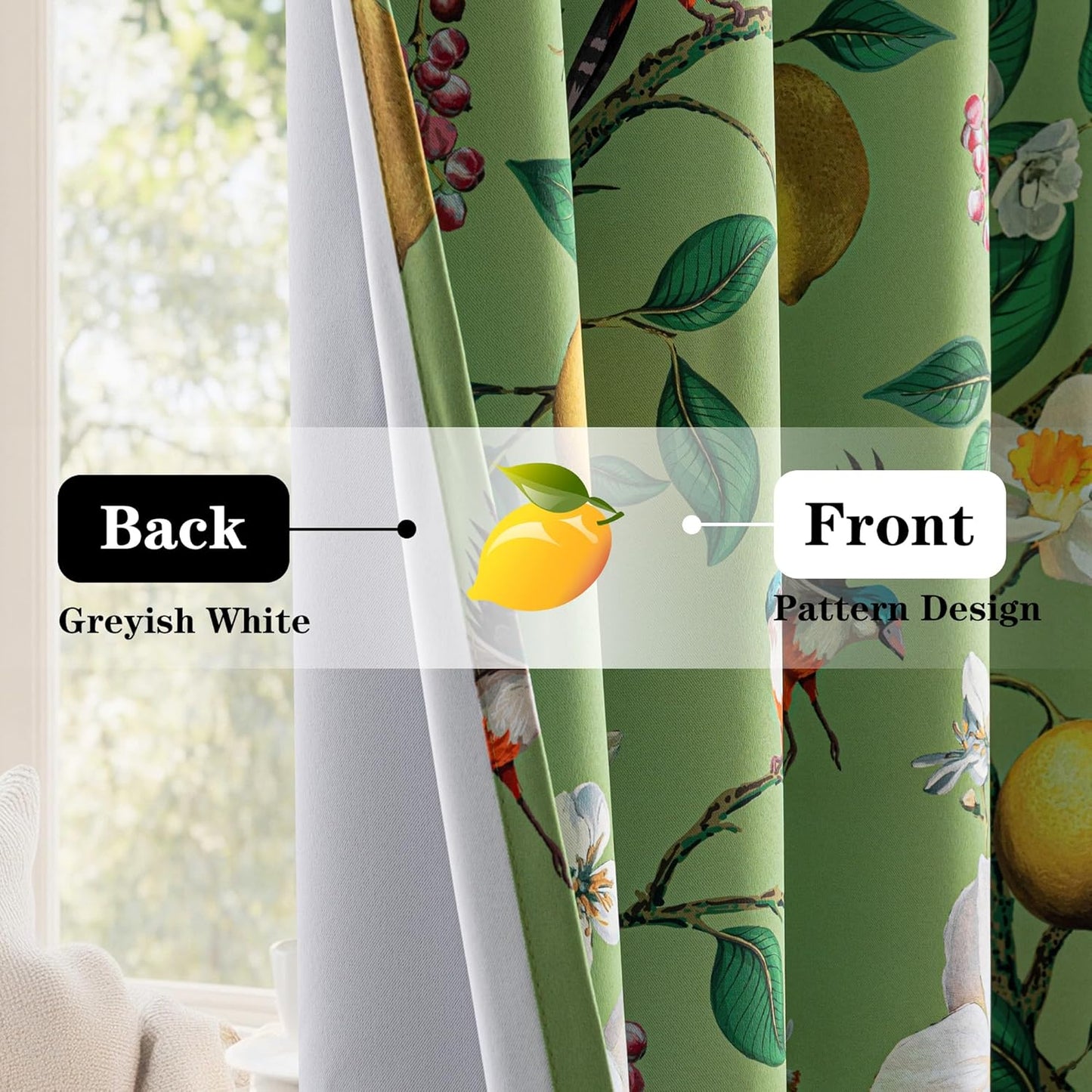 MYSKY HOME Floral Blackout Curtains 84 inch Long for Living Room Vintage French Country Grommet Lemon Hummingbird Patterned Room Darkening Thermal Drapes Bedroom Dining Room, 2 Pcs, 52", Sage Green