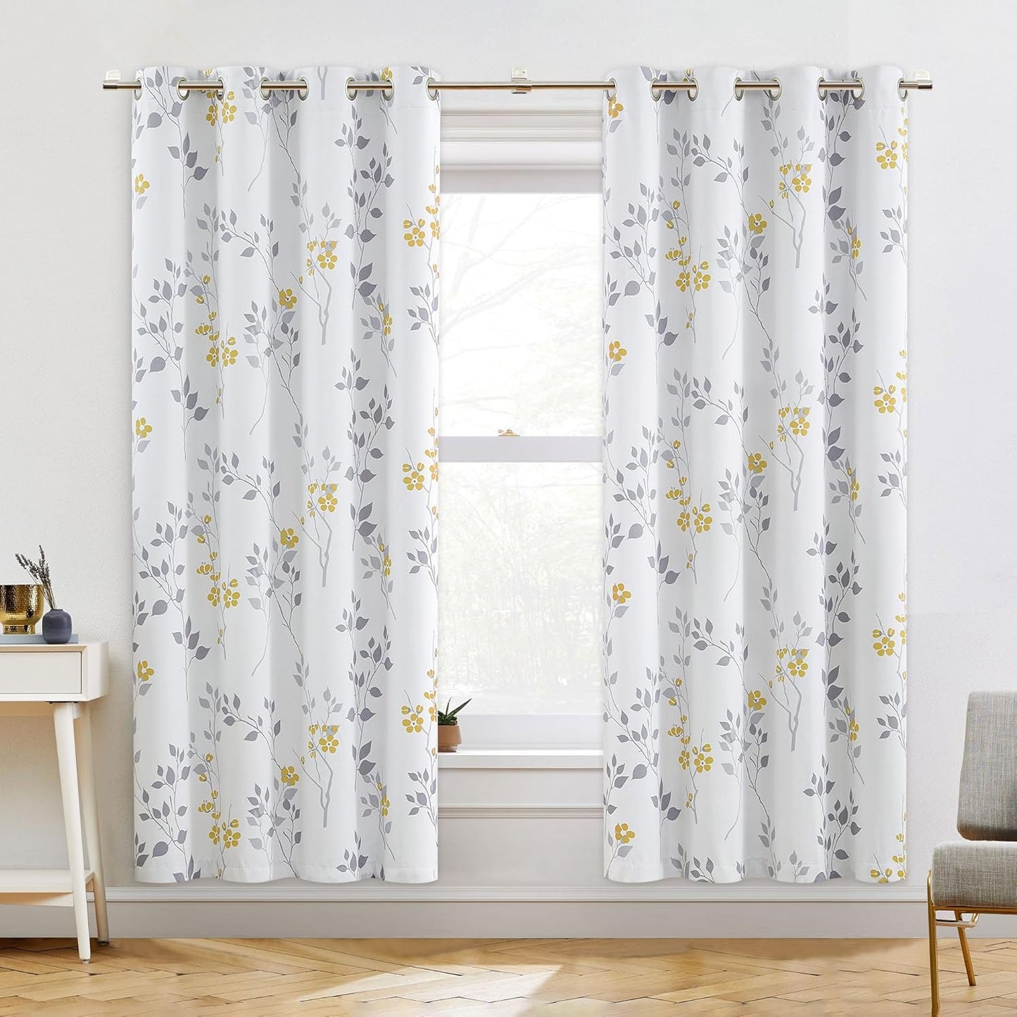 Beauoop Floral 100% Blackout Curtains 84 Inches Long 2 Panels for Bedroom Living Room Grey White Flower Patterned Room Darkening Thermal Insulated Soundproof Grommet Window Treatments Drapes, 52X84