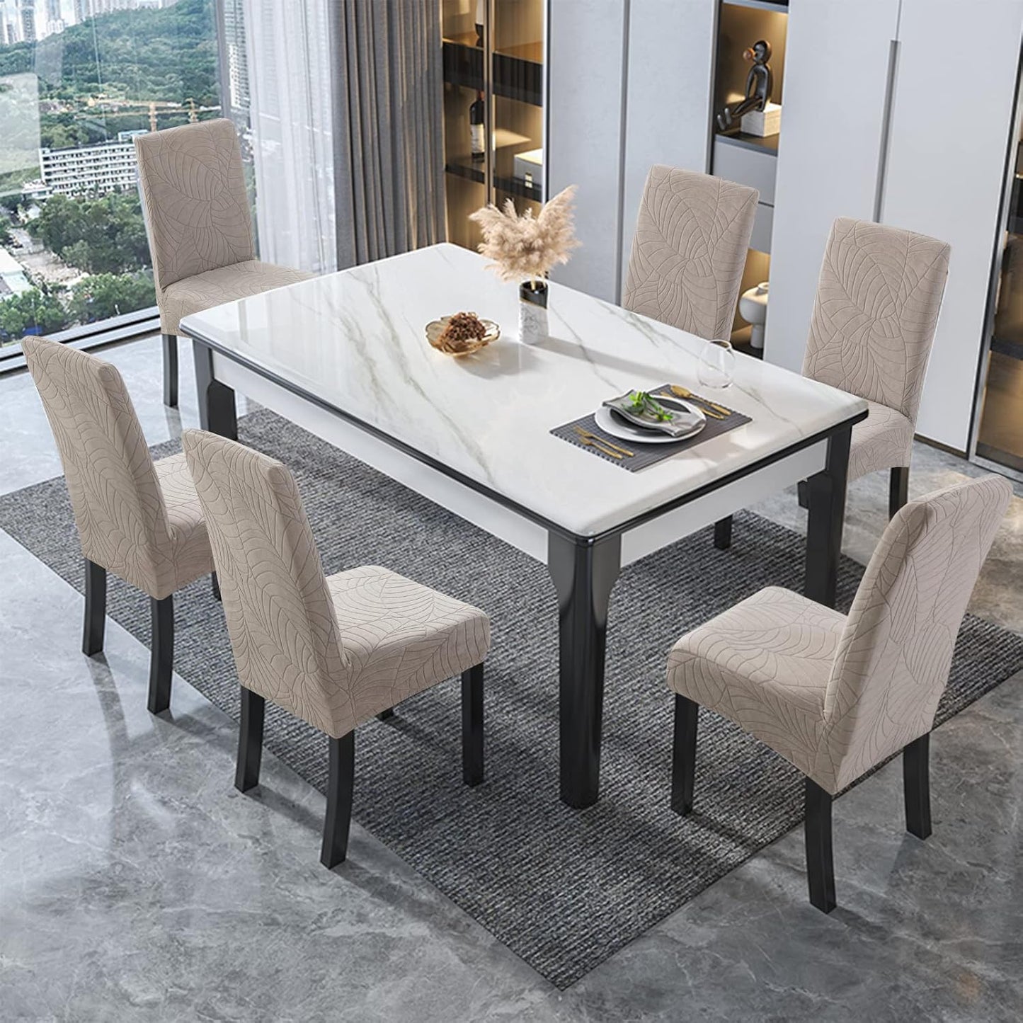 Genina Waterproof Chair Covers for Dining Room 6 Pack, Stretch Jacquard Dining Chair Cover Removable Washable Chair Protectors Cover for Kitchen, Home (Leaves-Warm Gray, 6 PCS)