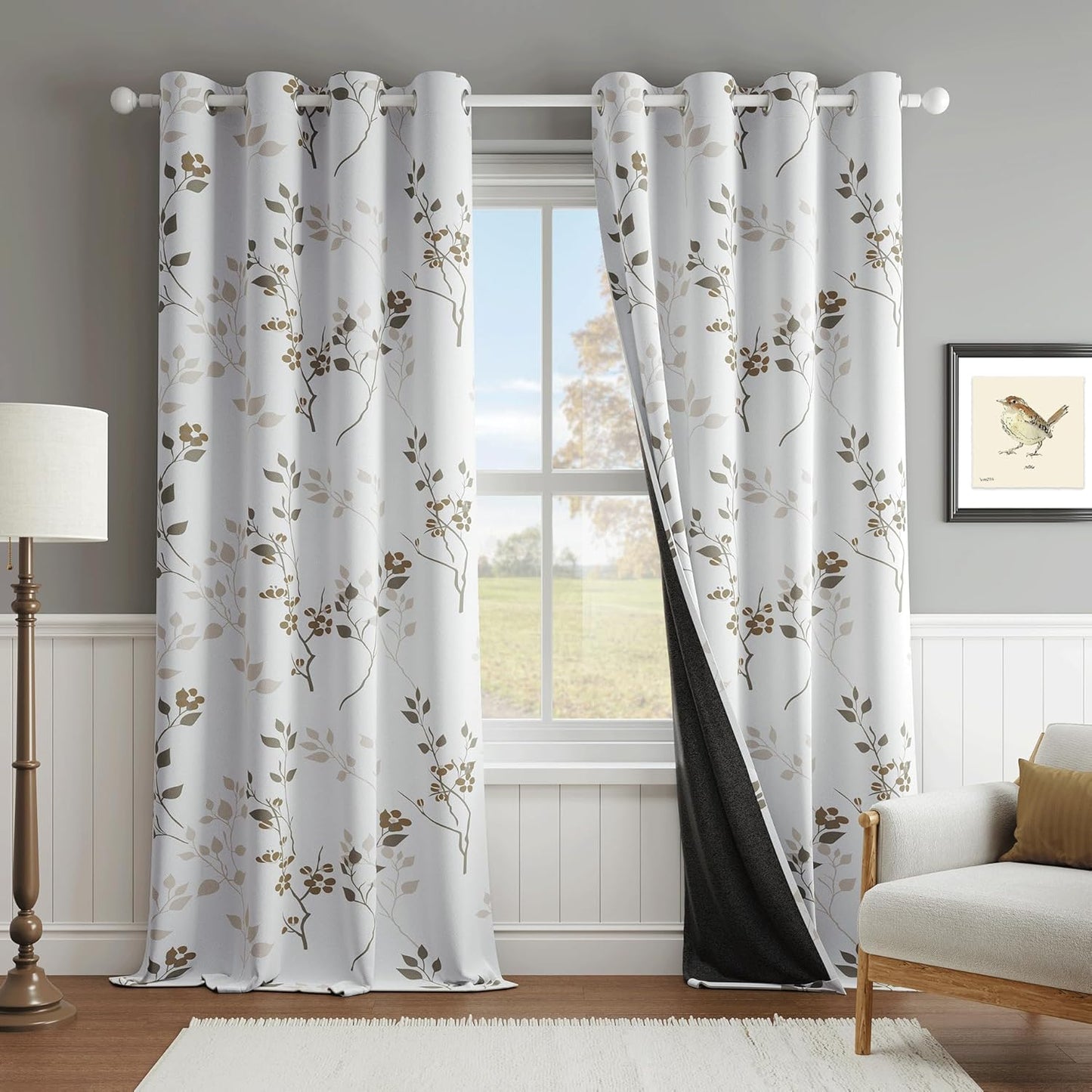 Beauoop Floral 100% Blackout Curtains 84 Inches Long 2 Panels for Bedroom Living Room Grey White Flower Patterned Room Darkening Thermal Insulated Soundproof Grommet Window Treatments Drapes, 52X84