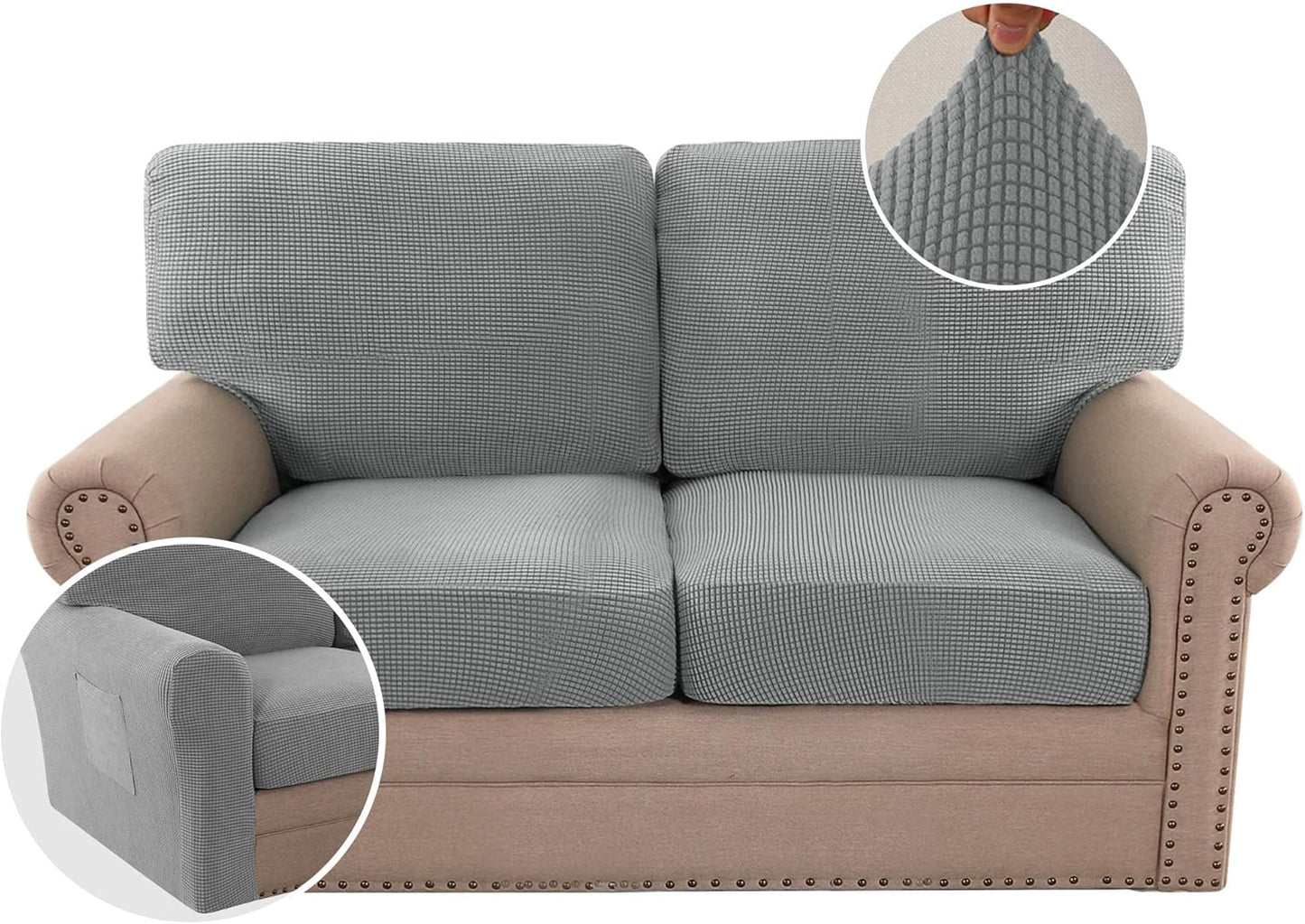 H.VERSAILTEX Multi-Pieces Sofa Covers Stretch Couch Covers Form Fitted Seats and Back Cushions Covers (3 Seat Covers Plus 3 Back Cusion Covers, Bonus 2 Armrest Covers), Grey