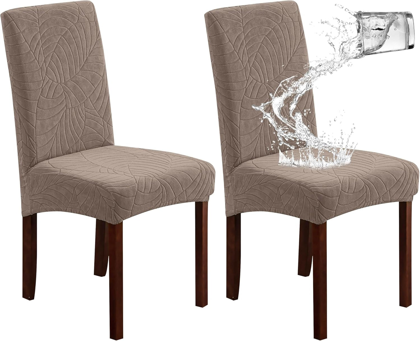 Genina Waterproof Chair Covers for Dining Room 6 Pack, Stretch Jacquard Dining Chair Cover Removable Washable Chair Protectors Cover for Kitchen, Home (Leaves-Warm Gray, 6 PCS)