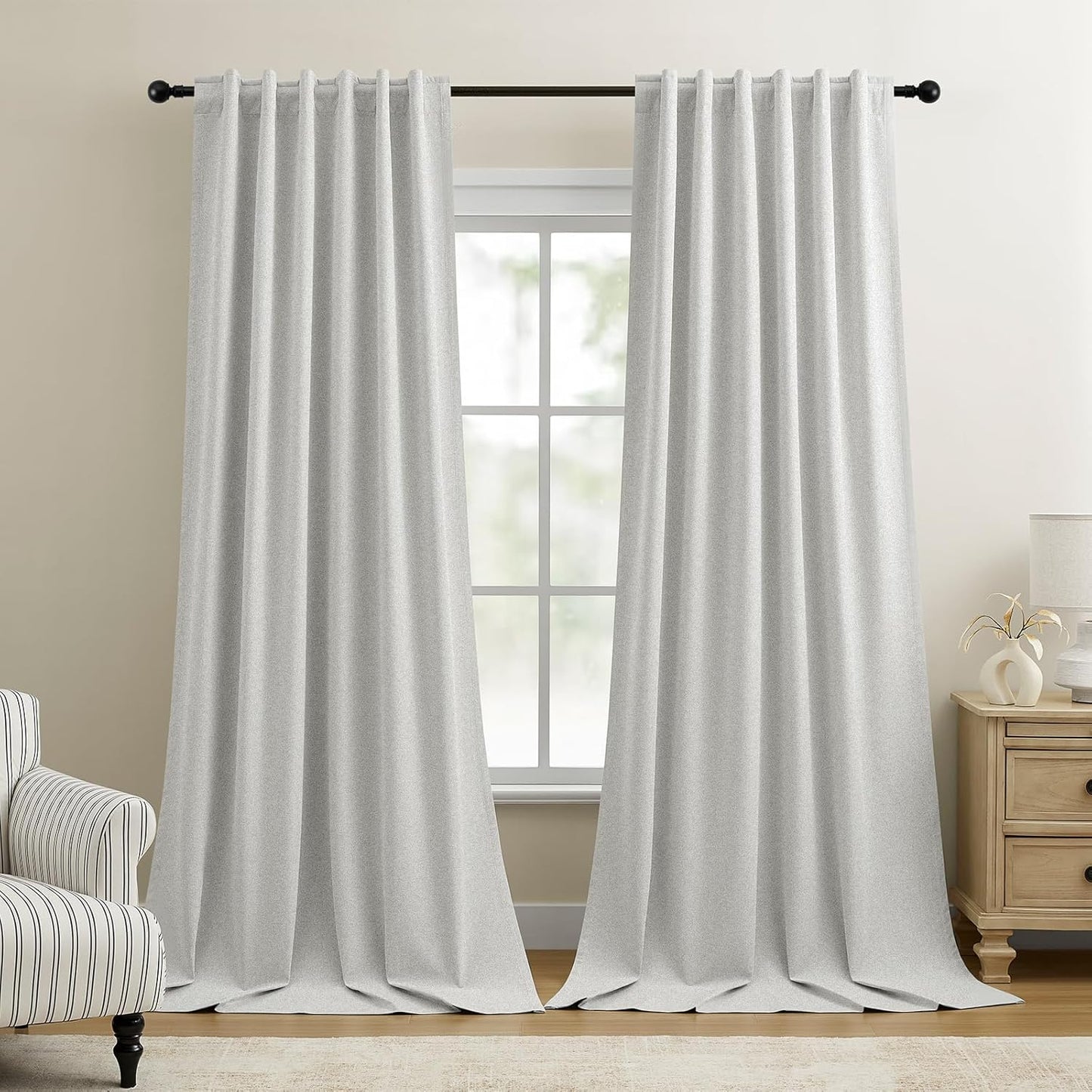 Dreaming Casa 100% Blackout Curtains 84 Inches Long, Linen Textured Window Treatment Rod Pocket & Back Tab Curtain Drapes for Bedroom Living Room Divider, 2 Panels, 52" W x 84" L, Linen