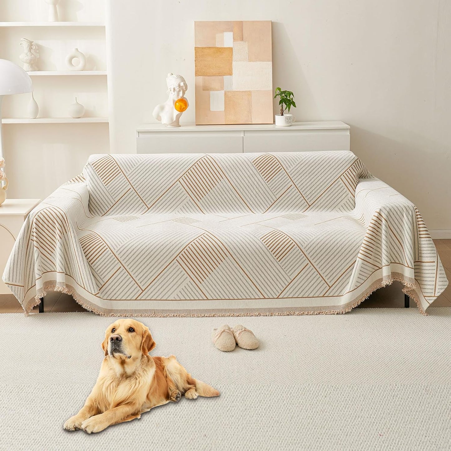 HAOMAIJIA Non Slip Couch Cover Sofa Covers for 3 Cushion Couch Washable sectional Couch Covers for Dogs pet Furniture Protector Couch Cover Blanket for Living Room (Off White, 91"x134")