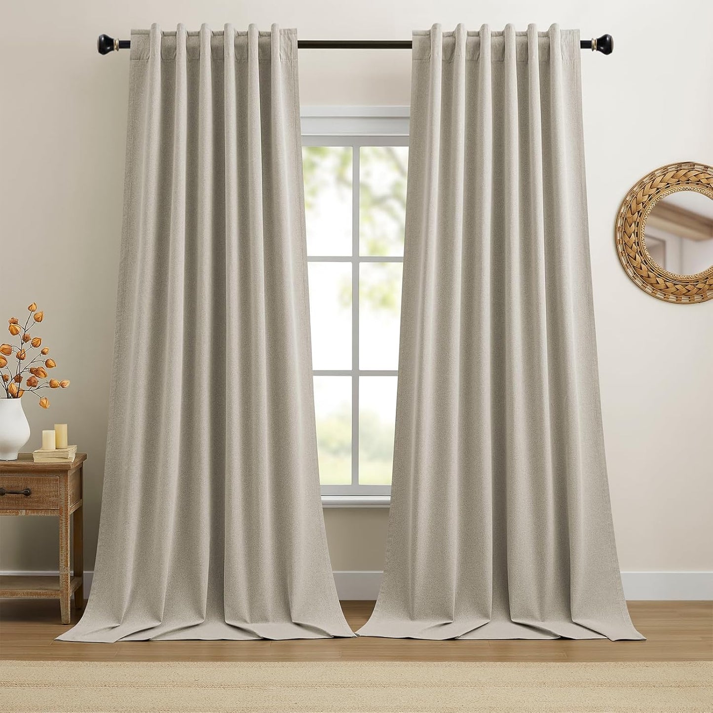 Dreaming Casa 100% Blackout Curtains 84 Inches Long, Linen Textured Window Treatment Rod Pocket & Back Tab Curtain Drapes for Bedroom Living Room Divider, 2 Panels, 52" W x 84" L, Linen