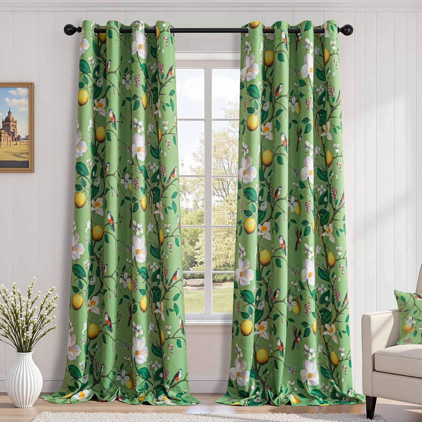 MYSKY HOME Floral Blackout Curtains 84 inch Long for Living Room Vintage French Country Grommet Lemon Hummingbird Patterned Room Darkening Thermal Drapes Bedroom Dining Room, 2 Pcs, 52", Sage Green