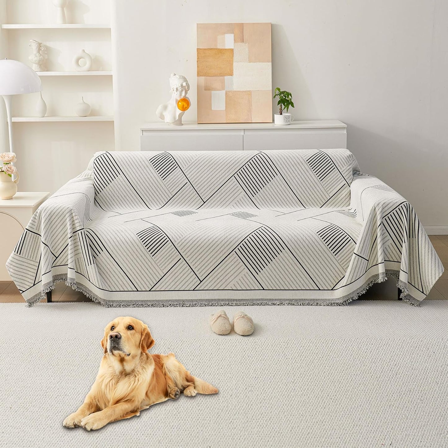 HAOMAIJIA Non Slip Couch Cover Sofa Covers for 3 Cushion Couch Washable sectional Couch Covers for Dogs pet Furniture Protector Couch Cover Blanket for Living Room (Off White, 91"x134")