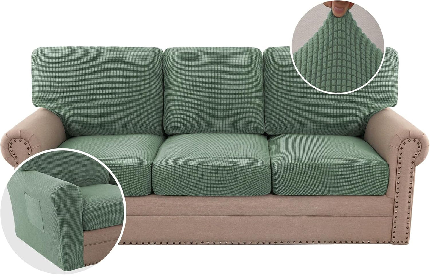H.VERSAILTEX Multi-Pieces Sofa Covers Stretch Couch Covers Form Fitted Seats and Back Cushions Covers (3 Seat Covers Plus 3 Back Cusion Covers, Bonus 2 Armrest Covers), Grey