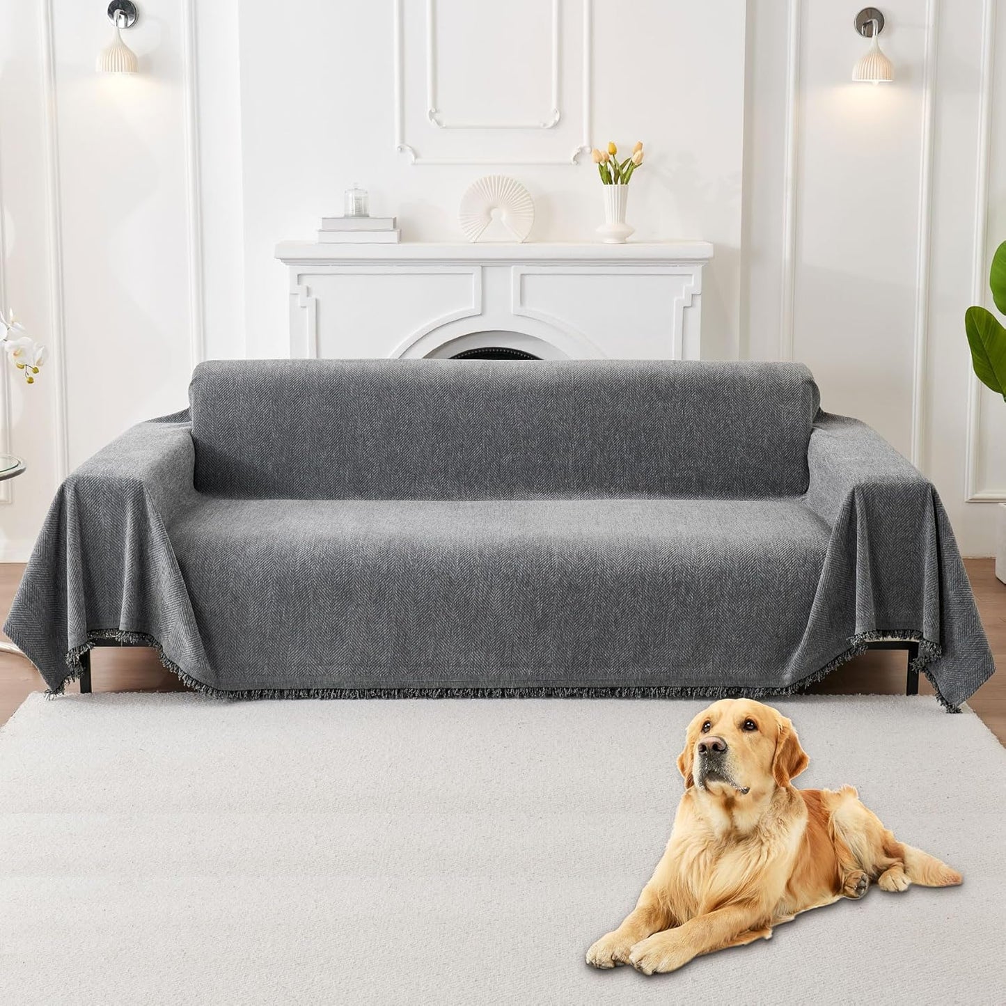 HAOMAIJIA Non Slip Couch Cover Sofa Covers for 3 Cushion Couch Washable sectional Couch Covers for Dogs pet Furniture Protector Couch Cover Blanket for Living Room (Off White, 91"x134")