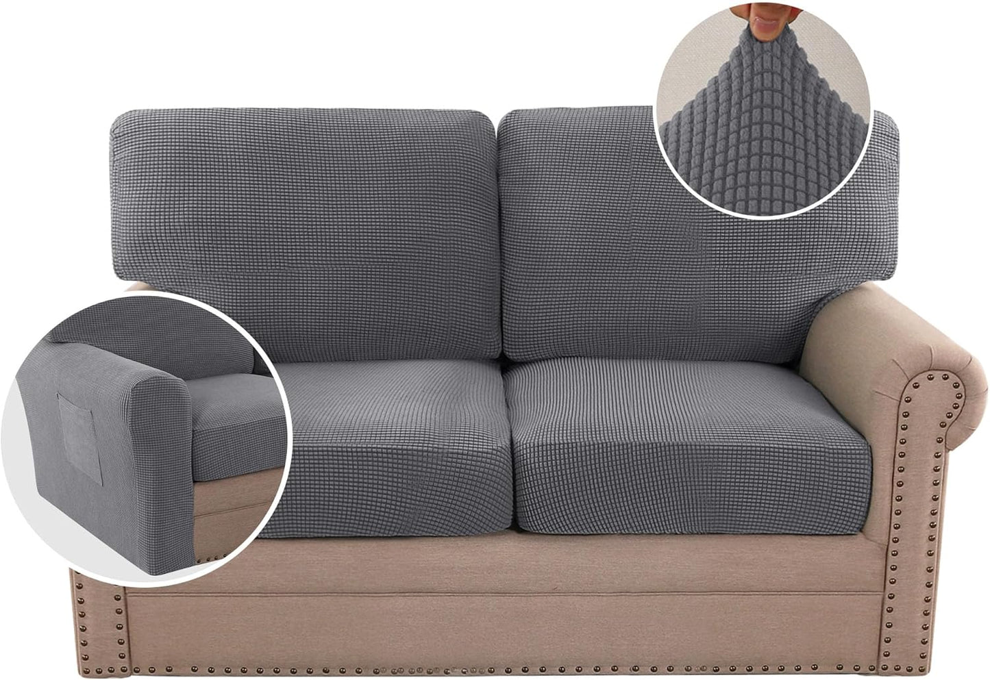 H.VERSAILTEX Multi-Pieces Sofa Covers Stretch Couch Covers Form Fitted Seats and Back Cushions Covers (3 Seat Covers Plus 3 Back Cusion Covers, Bonus 2 Armrest Covers), Grey