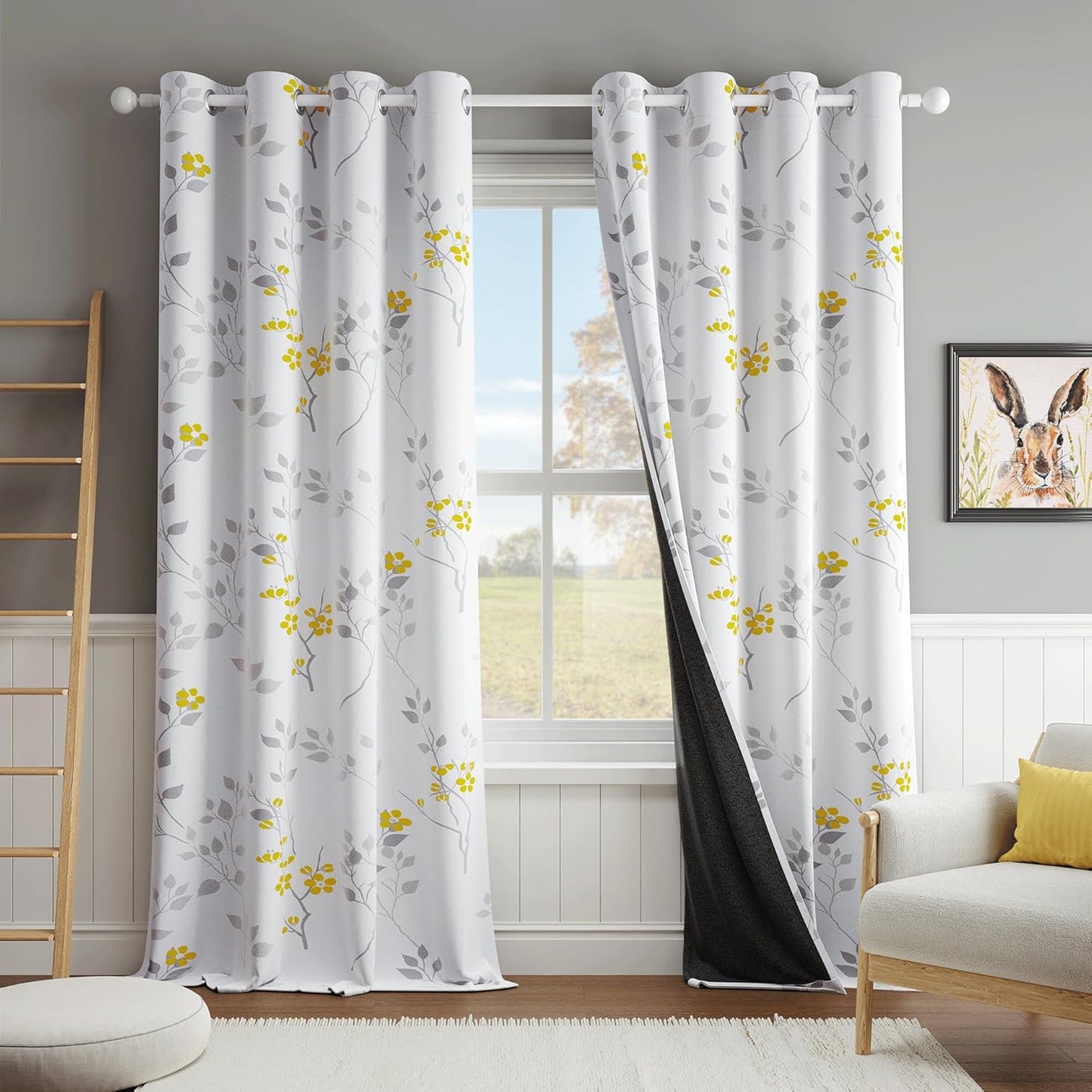 Beauoop Floral 100% Blackout Curtains 84 Inches Long 2 Panels for Bedroom Living Room Grey White Flower Patterned Room Darkening Thermal Insulated Soundproof Grommet Window Treatments Drapes, 52X84