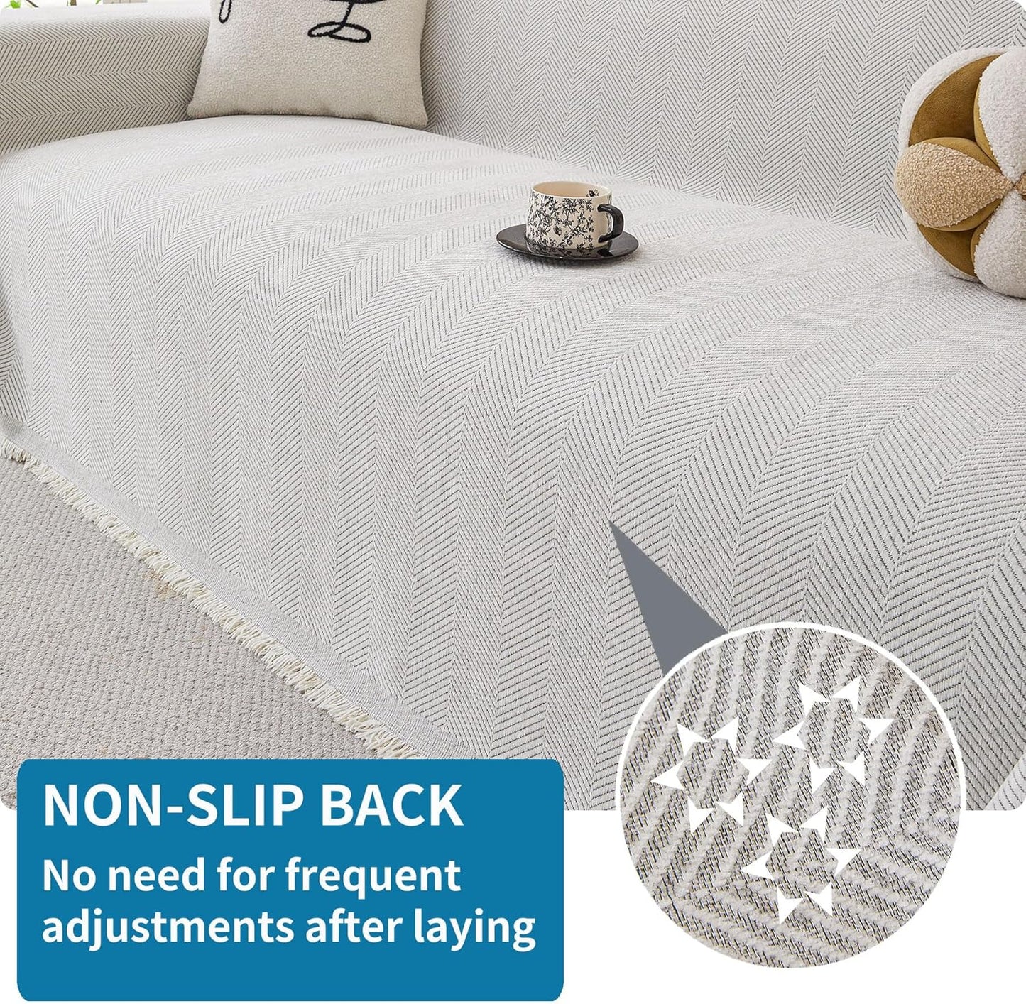 HAOMAIJIA Non Slip Couch Cover Sofa Covers for 3 Cushion Couch Washable sectional Couch Covers for Dogs pet Furniture Protector Couch Cover Blanket for Living Room (Off White, 91"x134")