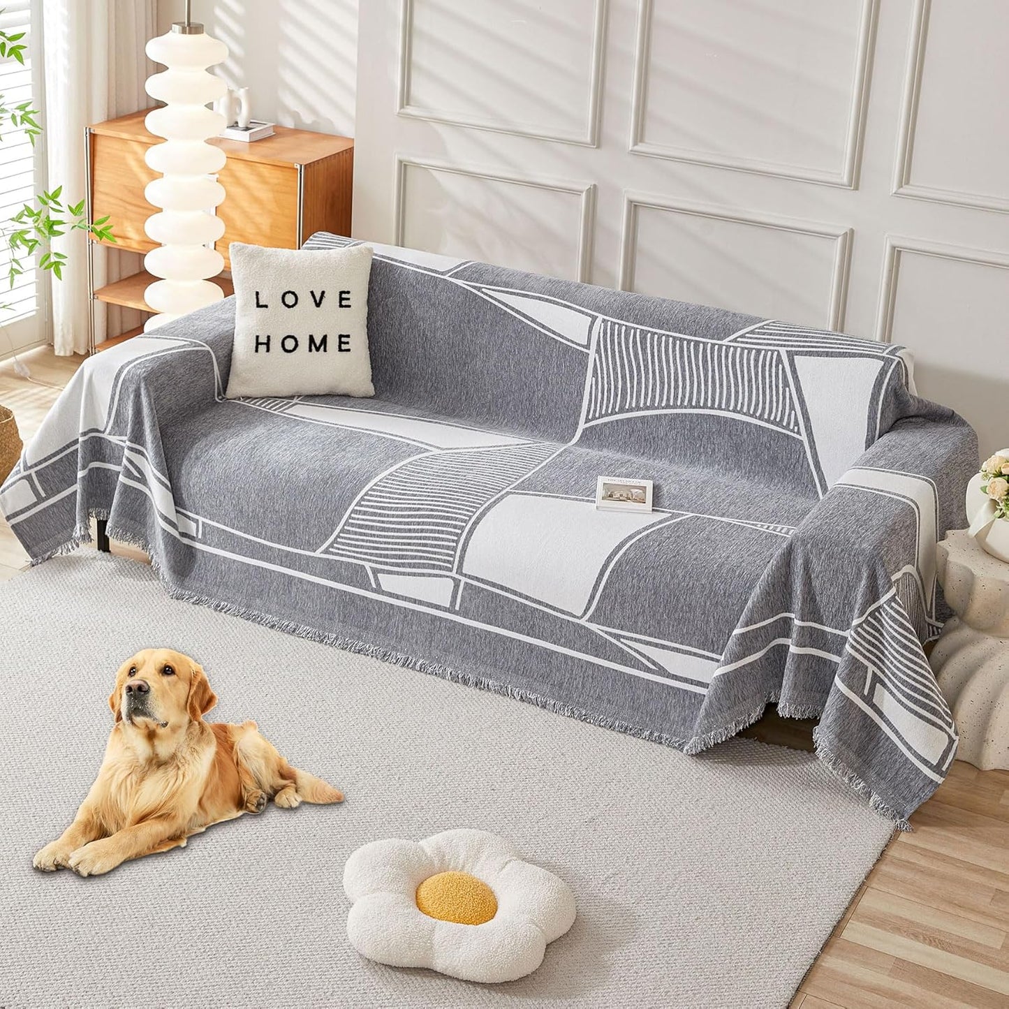 HAOMAIJIA Non Slip Couch Cover Sofa Covers for 3 Cushion Couch Washable sectional Couch Covers for Dogs pet Furniture Protector Couch Cover Blanket for Living Room (Off White, 91"x134")