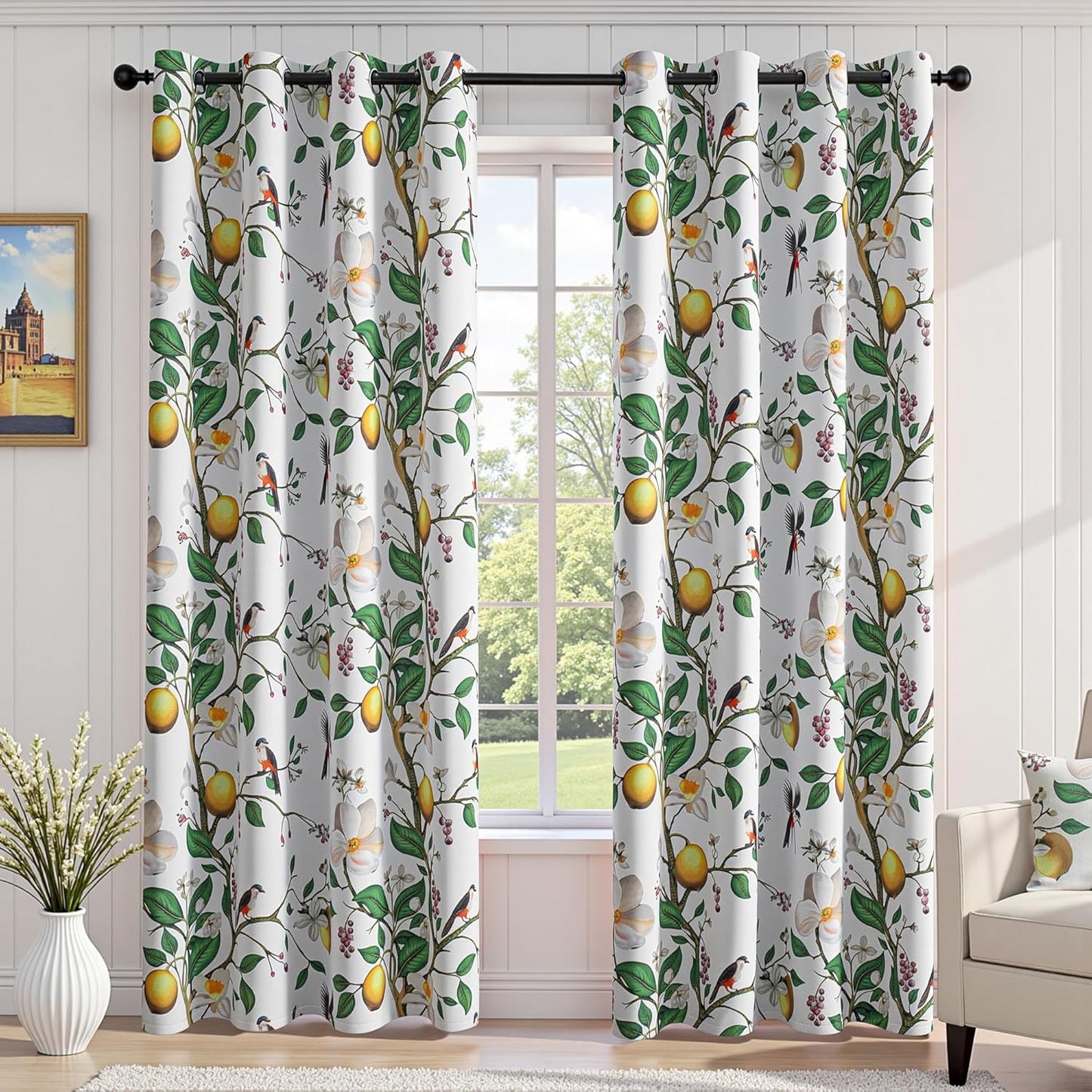 MYSKY HOME Floral Blackout Curtains 84 inch Long for Living Room Vintage French Country Grommet Lemon Hummingbird Patterned Room Darkening Thermal Drapes Bedroom Dining Room, 2 Pcs, 52", Sage Green