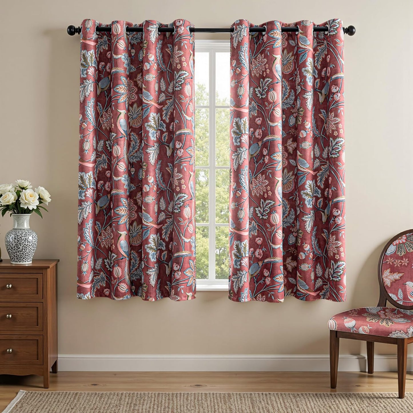 MYSKY HOME Floral Blackout Curtains 84 inch Long for Living Room Vintage French Country Grommet Lemon Hummingbird Patterned Room Darkening Thermal Drapes Bedroom Dining Room, 2 Pcs, 52", Sage Green
