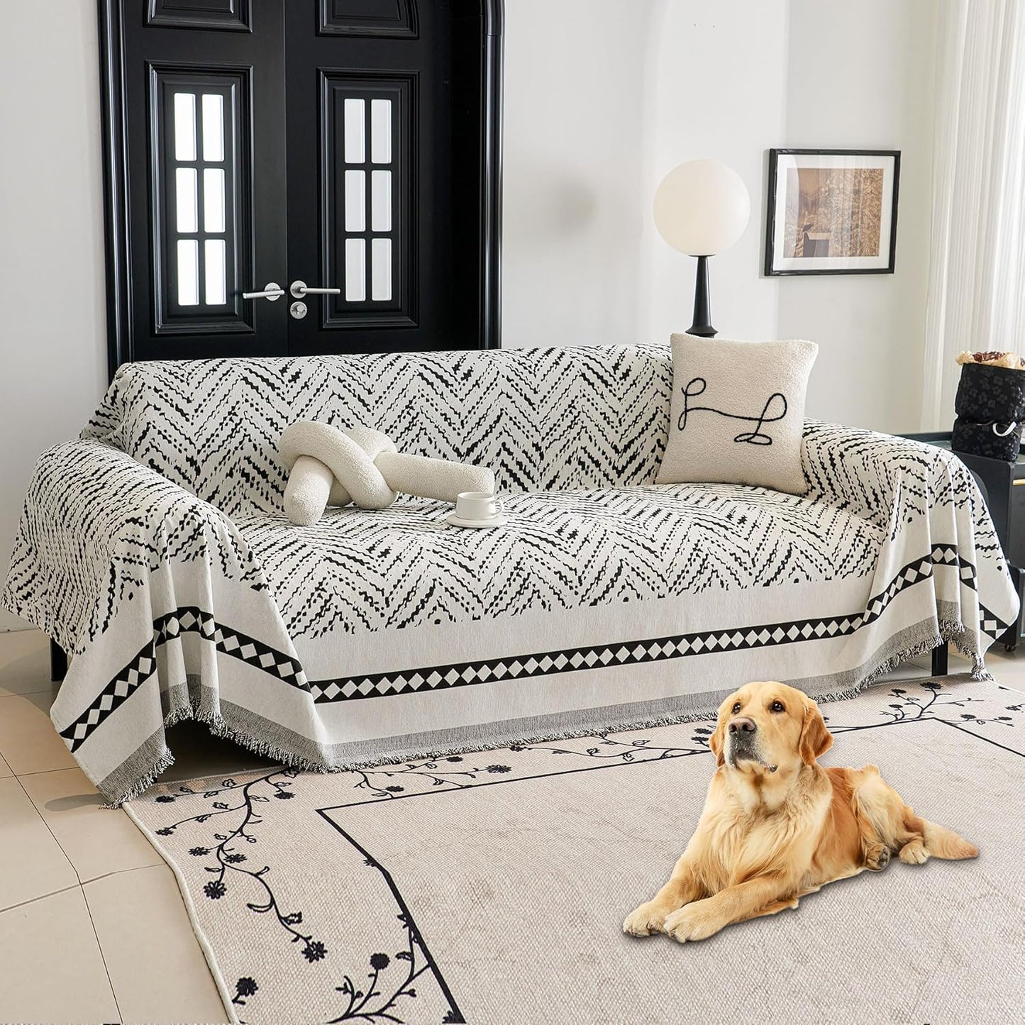 HAOMAIJIA Non Slip Couch Cover Sofa Covers for 3 Cushion Couch Washable sectional Couch Covers for Dogs pet Furniture Protector Couch Cover Blanket for Living Room (Off White, 91"x134")
